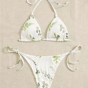 Ali Express Greenery Print Bikini Set in White, Size Medium